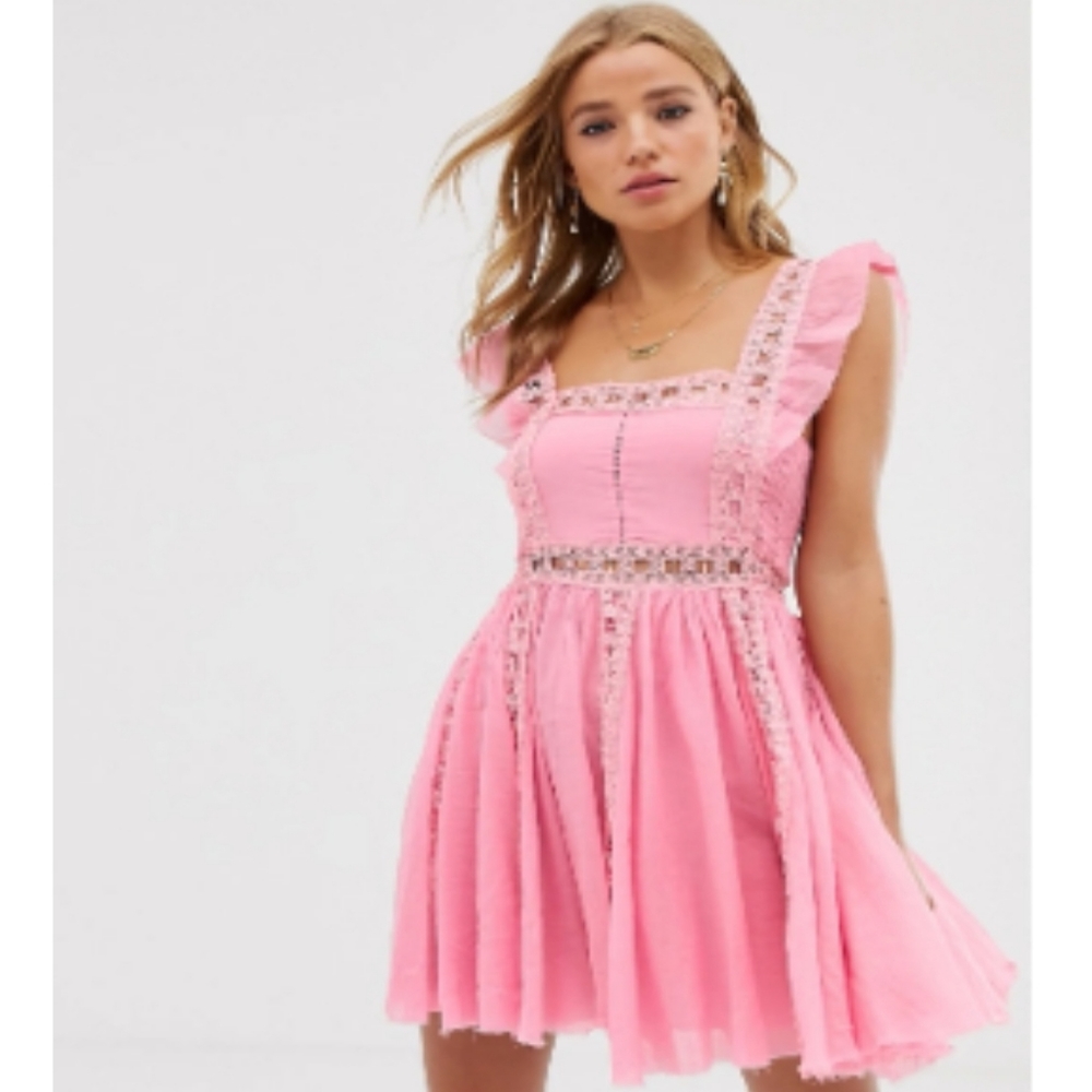 New Free People Pink babydoll dress with lace size small flowy